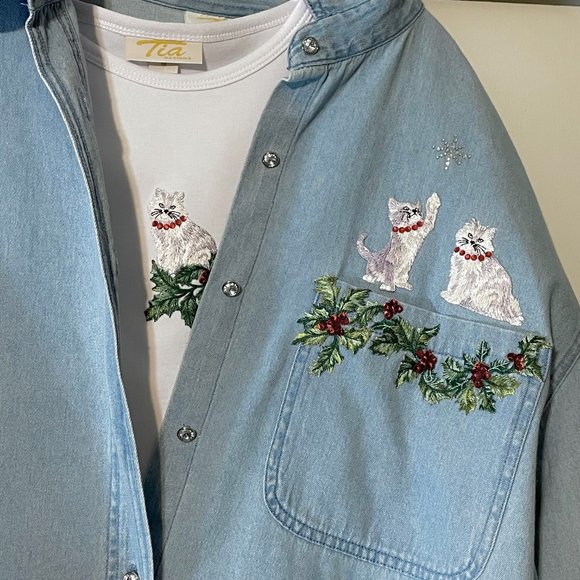 VTG Plus Size Tia Designs Holiday Top/Denim Blouse SET Beaded Embroidered Cat 1X - Picture 2 of 15